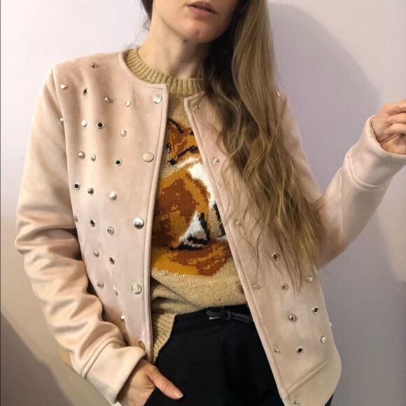 Zara Pastel Pink Faux Suede Studded Jacket Size S Collarless - Picture 3 of 14